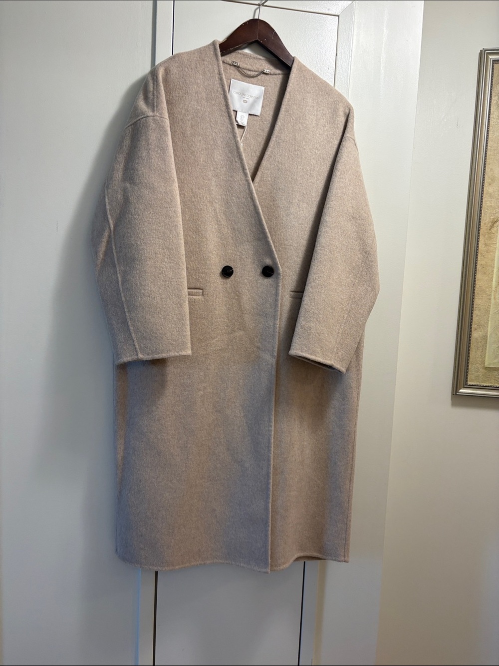 Caroline Constans. Minimalist Beige Wool-Blend Double-Breasted Coat